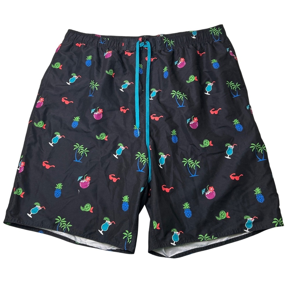 True Nation Mens Tropical Cocktail Pineapple Print Swim Trunks Size 2XLT Black